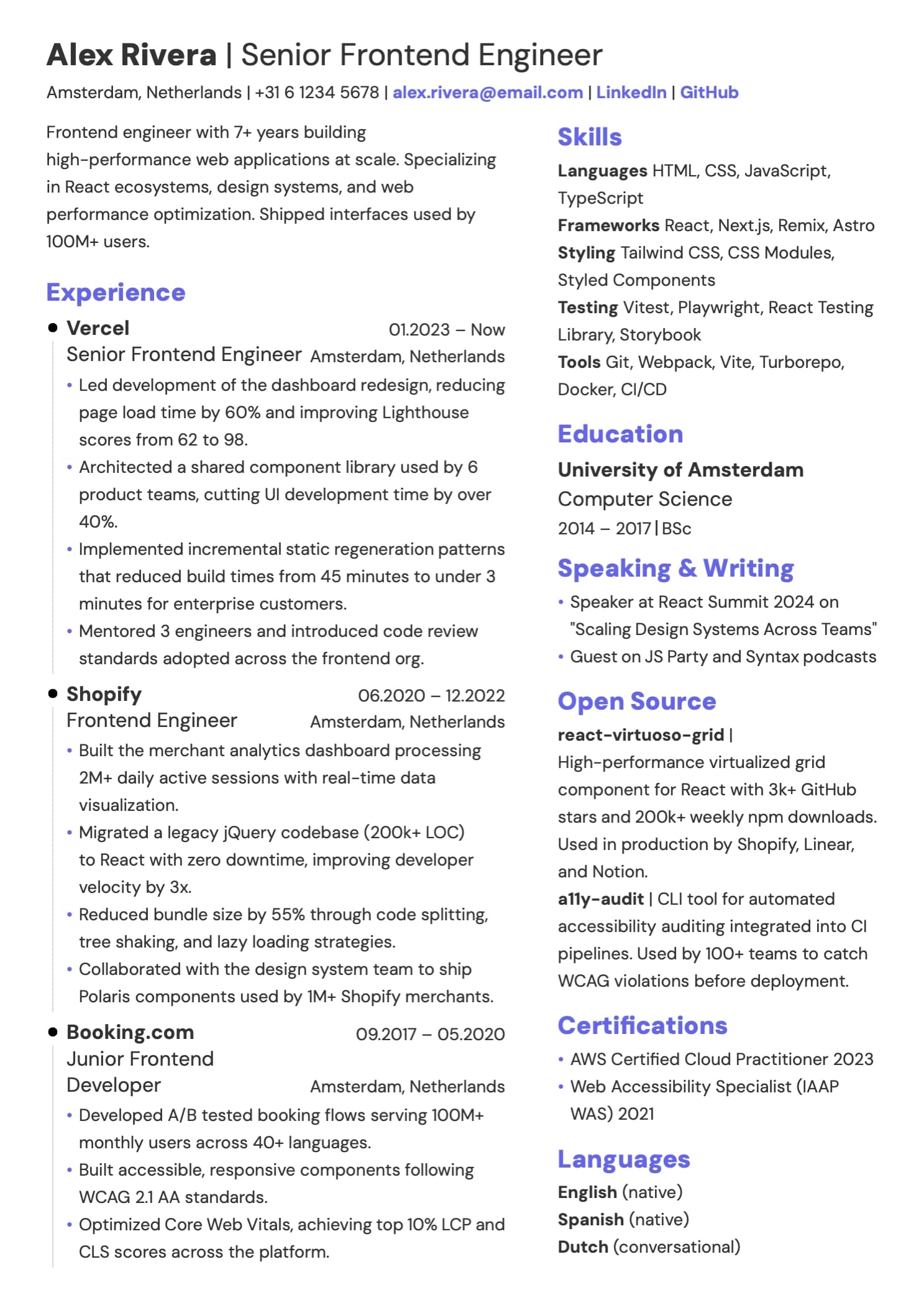 A two-column resume layout built with HiredByThis