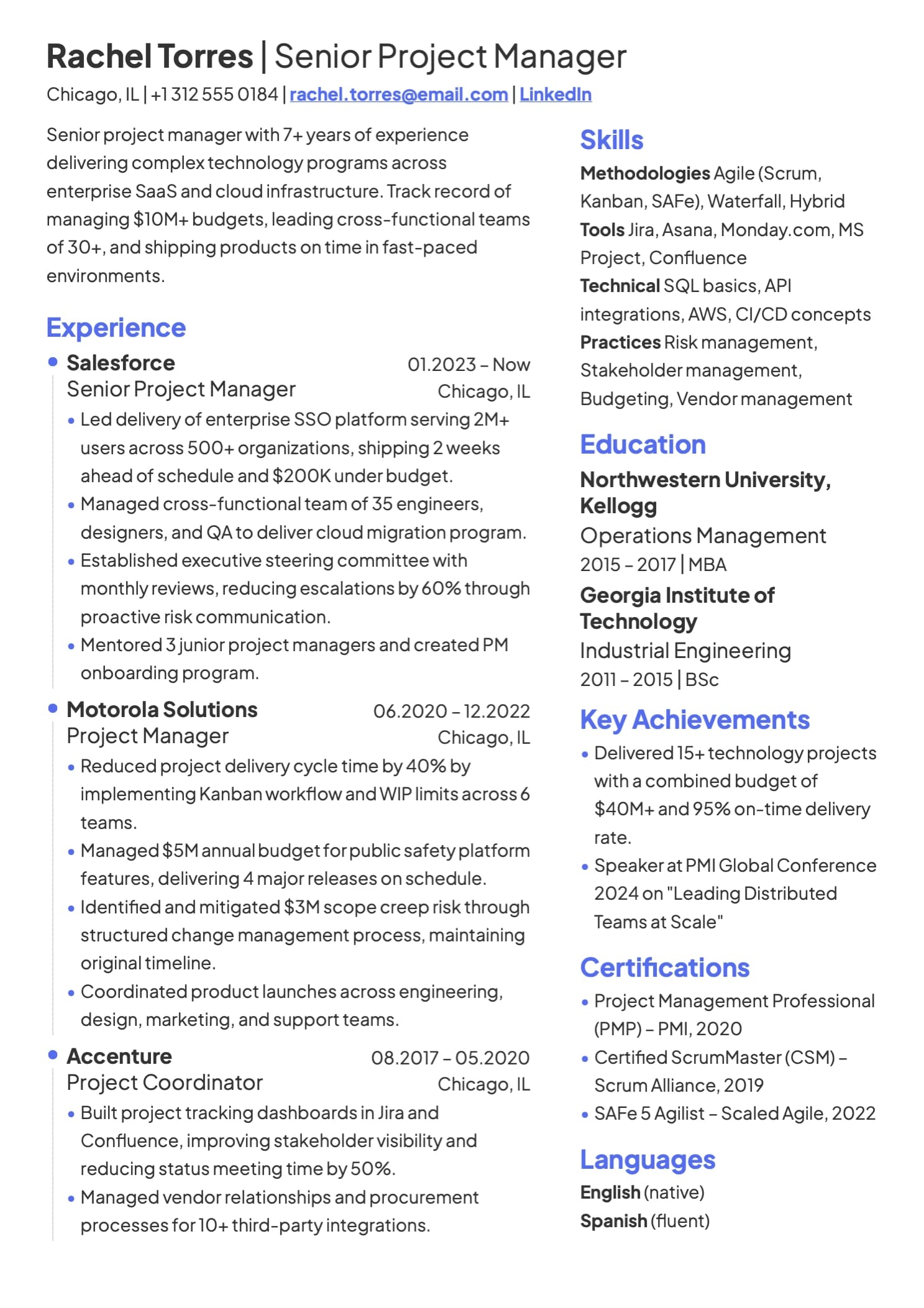 Project manager resume example