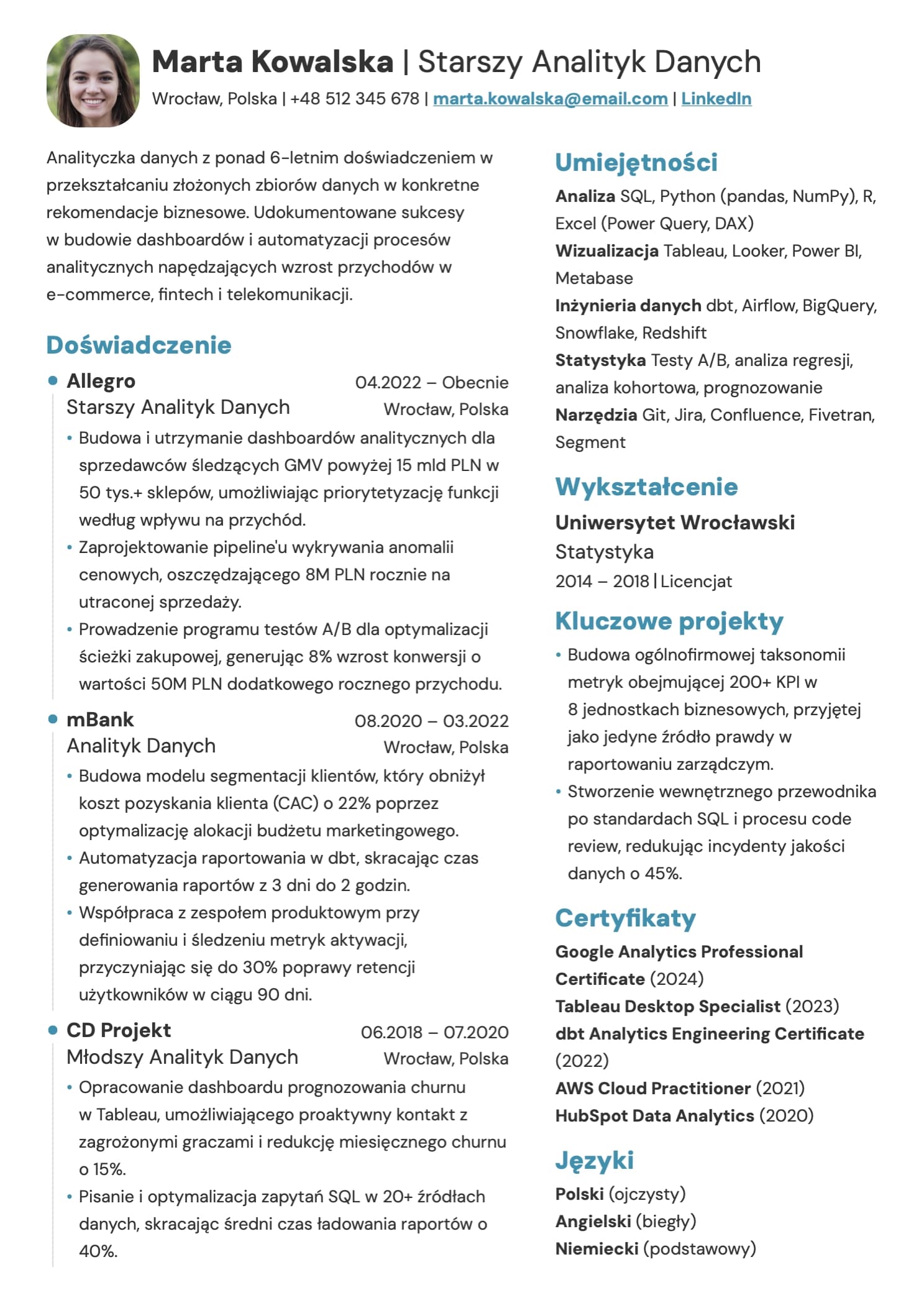 Przykładowe CV analityka danych