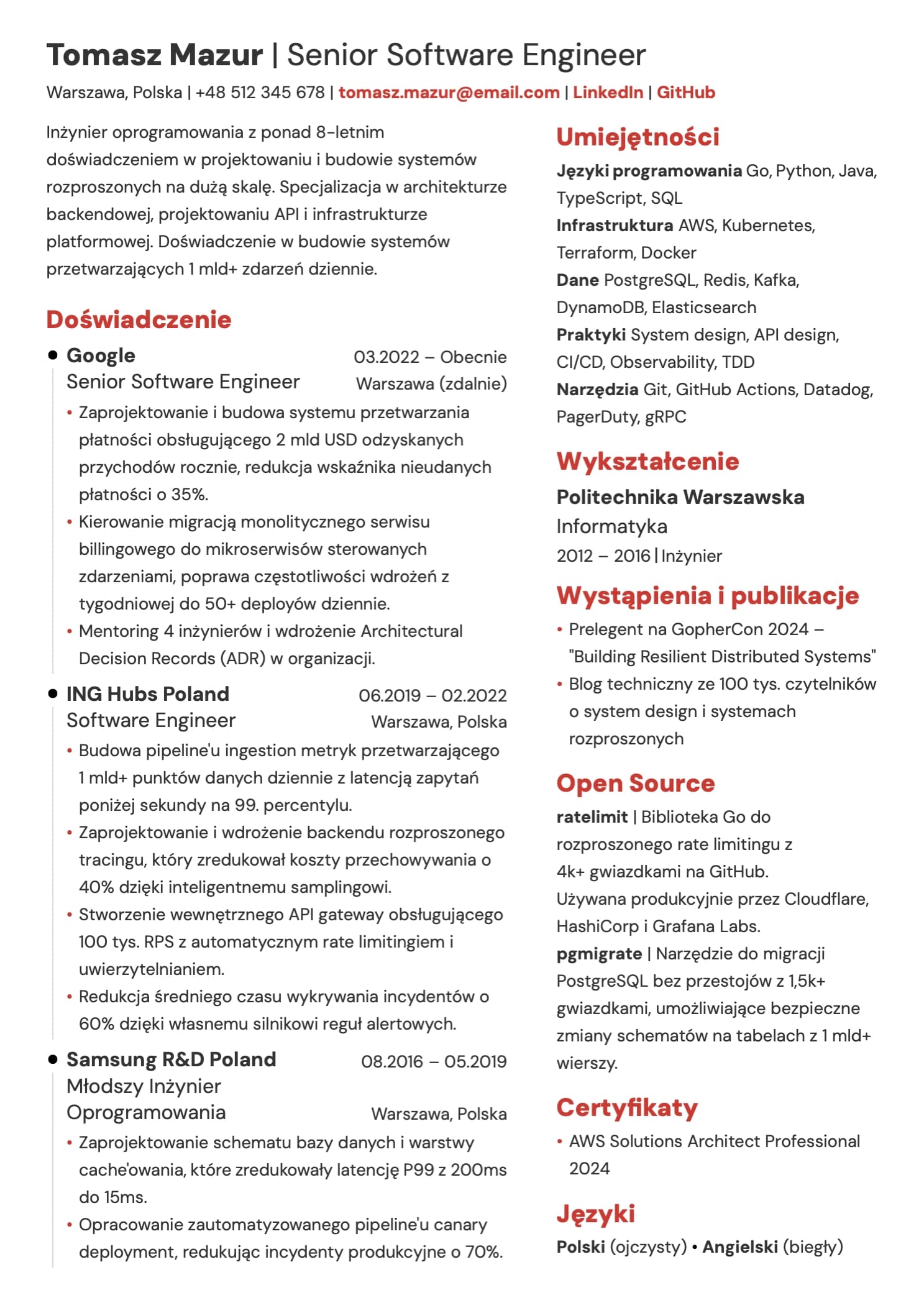 Przykładowe CV software engineer